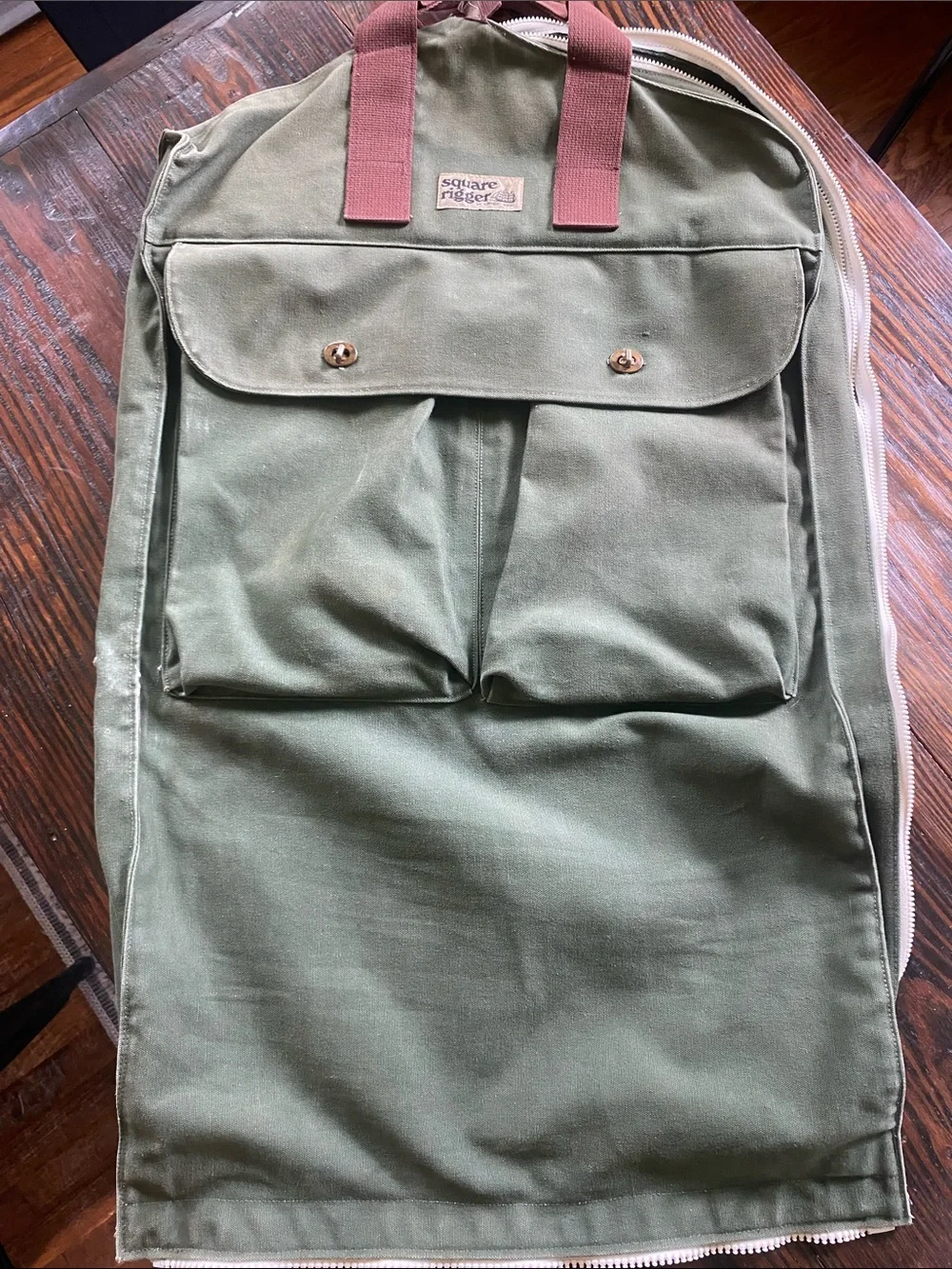 Vintage Lands End Deluxe Square Rigger Olive Canvas Garment Bag Heavy Duty
